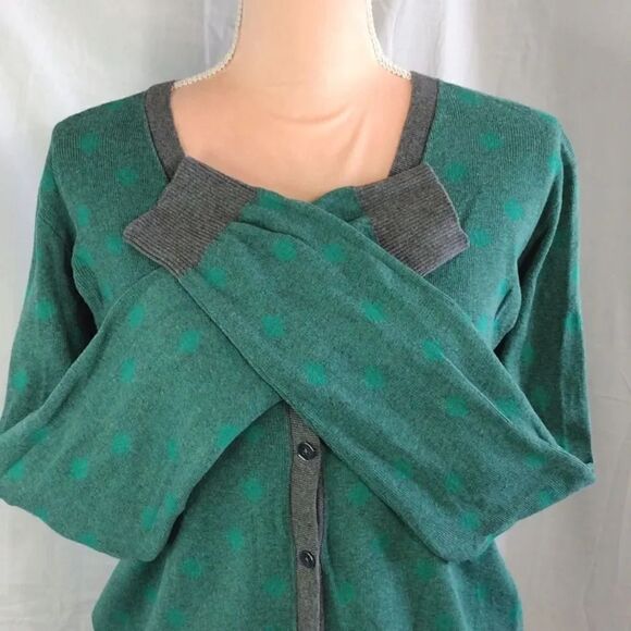 cAbi Retro Green Polka Dot Grey Trim Button Front Knit Cardigan Large - Picture 7 of 16